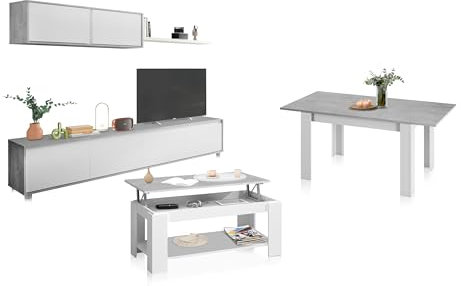 duehome | Pack de Salon con Modulo TV + Mesa de Centro Elevable y Mesa de Comedor, Conjunto de Salon, Modelo Arlet MAX V1, Acabado en Blanco Artik y Cemento