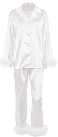 Alaurbeauty Set pigiama da donna, in raso, a maniche lunghe, set da 2 pezzi, biancheria da notte con bottoni e piume, abbigliamento loungewear PJs, bianco, S