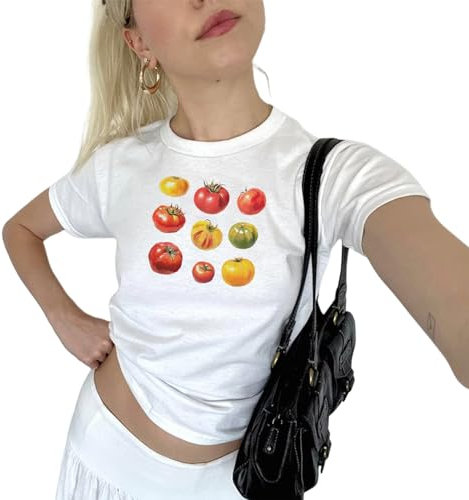 Himllauen Bedruckt Tshirt Damen Y2k Top Kurzarm Weiß Crop Tops Sexy Elegant T-Shirts für Damen Mädchen Y2k Clothes (B Tomaten, S)