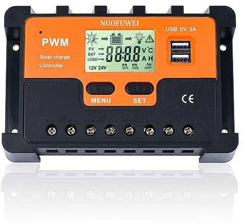 PWM 30A Contrôleur de Charge Solaire 12V 24V Identification Automatique, 30A Régulateur Charge Solaire avec Affichage Rétroéclairé Capteur Température, Pour Gel Sealed Flooded et la batterie lithium