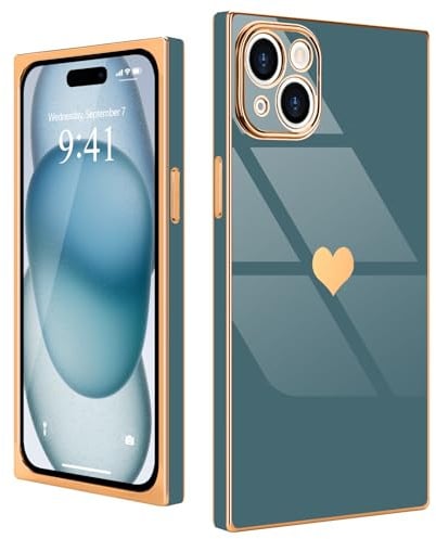 Urarssa for iPhone 15 Rectangle, Cute Heart Pattern, Grey | Luxury Bling Gold Plating Case for Women Girls, Slim Soft TPU Bumper Anti-Scratch Shockproof Protective Cover