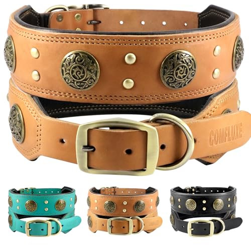 Comfluxe Leder-Hundehalsband für große Hunde, 5,1 cm breit, langlebig, dick, stark, echtes Leder, Spike-Hundehalsband mit Metallschnalle, gepolstertes Halsband mit Nieten-Design für große und