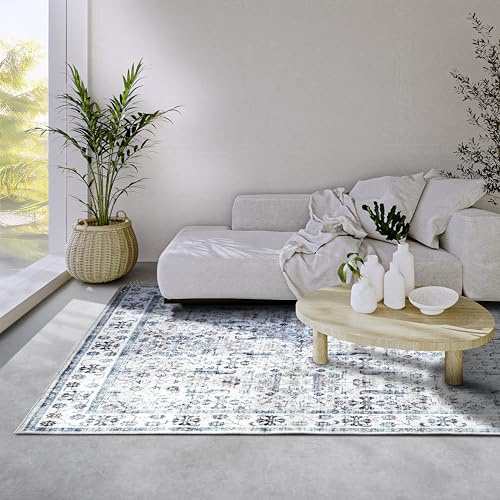 Elle Decoration Saveh Teppich – Klassischer Rutschfester Vintage Design Kurzflor Teppich für Schlafzimmer, Esszimmer, Wohnzimmer, Flur, Küche – Creme Blau, 80x150cm