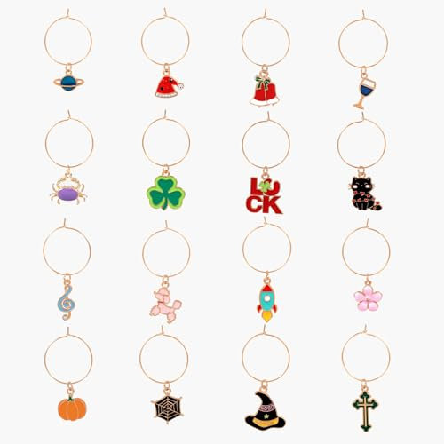OOTSR 16pcs Wine Glass Charms, Wine Glass Markers for Halloween Christmas, Drink Labels for Wine Tasting Party Decorations, Identifier Charms for Stem Glasses Cups