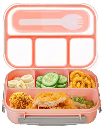 Fiambrera 4 Compartimentos con Cubierto, Fiambrera Bento Box 1300ml Caja de Almuerzo de Plastico para Microondas y Lavavajillas Fiambrera con con cucharada Lunch Box para Familia Escuela Picnic
