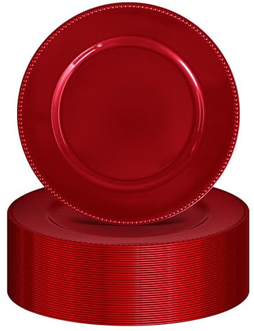 FXKS 36 Pcs Red Charger Plates Round Charger Plates13 Inch Bulk Wedding Dinner Elegant Reusable Plastic Chargers Plates Wedding Holiday Party Baby Shower Event Decoration (Red)