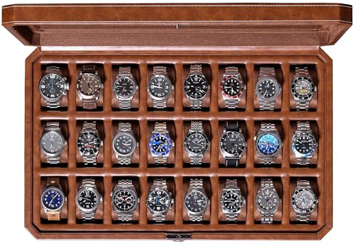ROTHWELL Uhrengehäuse mit 24 Schlitzen und Schloss, luxuriöse Uhrenbox zum Präsentieren und Organisieren Ihrer Sammlung, Echtglasplatte, Premium-Aufbewahrung für Sammler (hellbraun/braun)