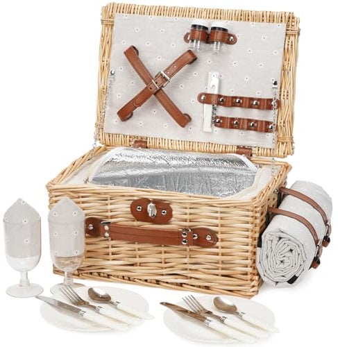 Picknickkorb für 2 Personen, Picknickkorb-Set mit Kühlfach und wasserdichte Picknickdecke, Besteck Set, Handgefertigtes Weidenkorb Picknick Korb Geschenk für Camping, Strand, Wandern (Weiße Blume)