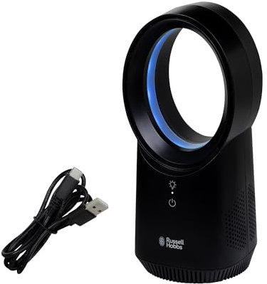 Russell Hobbs, Compact Wireless Desk Fan, USB Rechargeable, 3 Speed Settings, Bladeless Design, Ambient Lighting in Black, RHBLDLUSB25B
