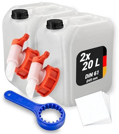 Trevendo 2er-Set Wasserkanister - Leerkanister - Kunststoffkanister (20 Liter, DIN 61, Ø49 mm) - lebensmittelecht & BPA-frei - inkl. Deckel, 2 Auslaufhähne, Ringschlüssel & 5 Beschriftungsetiketten