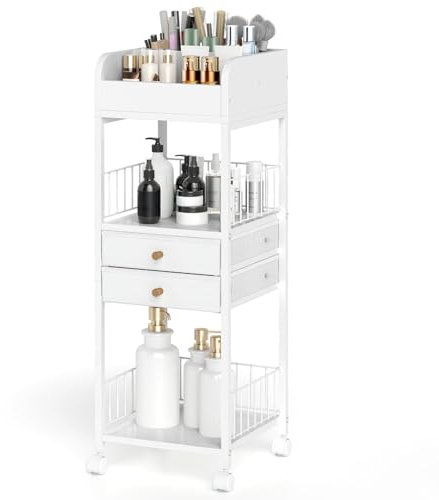COSTWAY Makeup Organiser, Floor Skincare Organizer Cosmetics Storage Cart with Drawers, Open Shelves and Wheels, Rolling Display Vanity Perfume Trolley for Nail Polish, Makeup Brush, Hair Tool, White