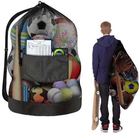 TAGMEIU Large Football Bag, Mesh Ball Bag for 10-15 Balls | 100x80cm black mesh carry bag with waterproof pocket for footballs, basketballs, rugby balls, volleyballs and team training