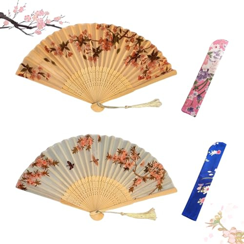 MSLSOZ 2Pcs fan handheld fabric, chinese fan with tassels, traditional fan handheld with flower and bird patterns, used for wall decoration, weddings, dances, party, gifts, with exquisite fan bags.