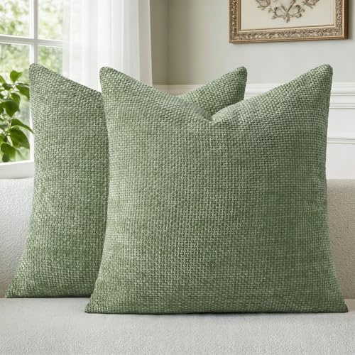 a moment Kissenbezug Grün 45x45 Chenille 2er Set Dekokissen Kissenbezüge | Muster Deko Sofakissen Couchkissen Zierkissenbezug Waschbar Flauschig Kissenhülle für Sofa Bett Wohnzimmer Schlafzimmer