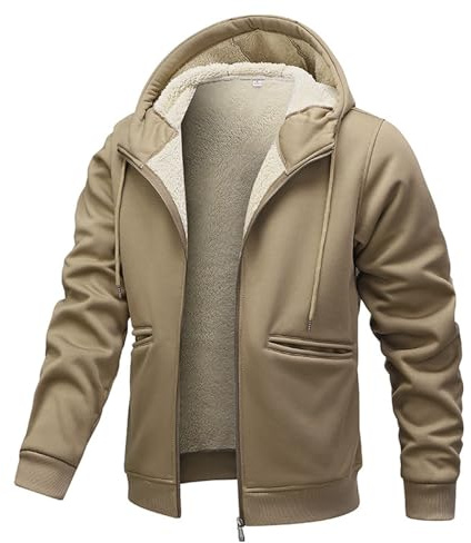 XCXC Herren Fleecejacke mit Kapuze und Reißverschluss Männer Einfarbige Gefütterte Winterjacke Kapuzenjacke mit Kordelzug Taschen Sweatjacke Freizeitjacke für Alltag