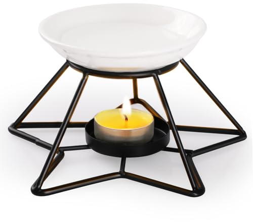 Bighan Duftöllampe Teelicht, Schwarz Duftlampe aus Metall | Aromalampe Teelichthalter mit Keramik Schale, Duftlampe für Ätherische Öle E - Schwarz