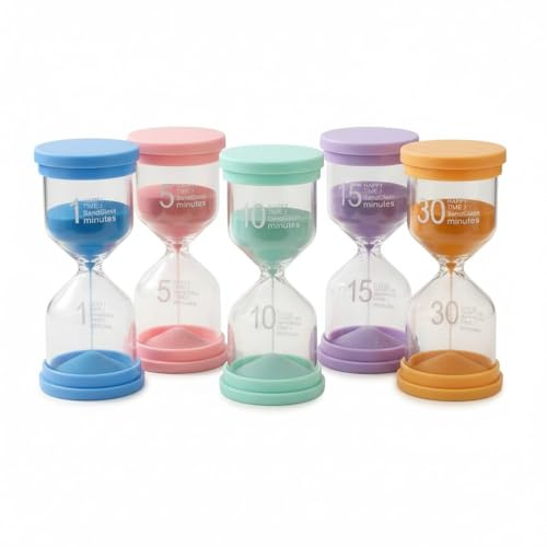 Kievano Sablier Enfant 5 Pièces – Minuteur Visuel Coloré 1/5/10/15/30 Minutes, Sablier Éducatif en Plastique Antichute pour Apprentissage, Jeux et Maison