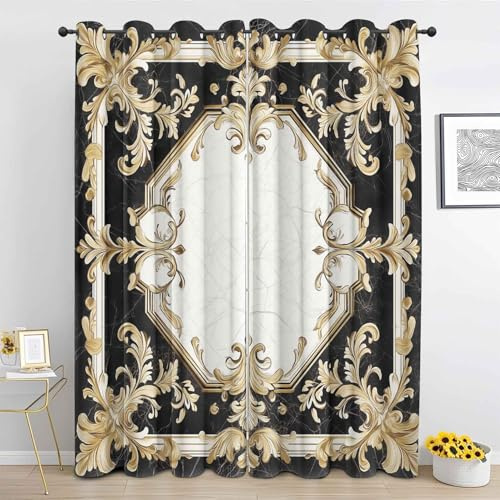 Generisch Schwarz Weiß Marmor Vorhang, Gold Barocke Muster Deko Vorhänge mit ösen, Gardinen Blickdicht 2er Set, Thermovorhang für Schlafzimmer Wohnzimmer H 225 x B 140 Dv-s124