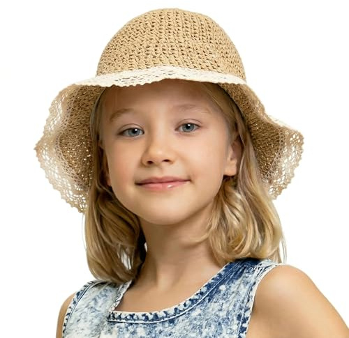 Zidoley Cappello di paglia per bambini e ragazze, cappello da sole per bambini con pizzo e tesa larga, regolabile con nastro, cappello da spiaggia pieghevole con foro a treccia, beige., Taglia unica