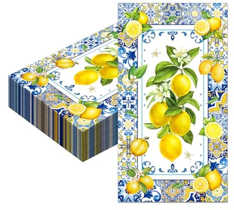 Dermalyx 40 Stück Servietten, Einweg Papierhandtücher Zitronen Motiv, Blaue Fliesen Muster Mittelmeer Stil, Sommer Zitronen Limonaden Thema, Geburtstag 20 X 11 cm