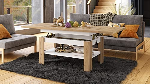 designimpex Rio Couchtisch ausziehbar höhenverstellbar 130/170 cm in Eiche Gold/Weiß Matt modern Ablage Wohnzimmertisch Esstisch Beistelltisch Sofatisch Couch Tisch Living Room Table Wohnzimmer
