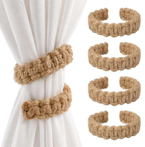 4 Stück Vorhang Raffhalter Geflochtener,Bohemian Stil, handgeflochtene Vorhang Raffhalter, geeignet für dekorative Vorhänge in Wohnzimmern, Büros und Schlafzimmern (braun)