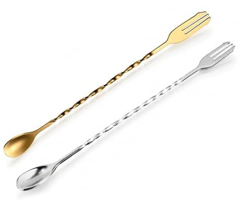 UZYXC 2 Cucchiai Da Cocktail – 1 Oro + 1 Argento Cucchiaio Bar In Acciaio Inossidabile, Lungo Manico 32,5cm, Cucchiaio Mischiatore Per Cocktail, Caffè, Tè, Con Spirale, Lavabile In Lavastoviglie