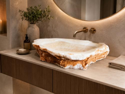 Lavabo Grande in Marmo Onice Naturale | Lavandino d'Appoggio particolare 84x53x14cm | Pezzo Unico Scultoreo per Bagno di Design e Lusso