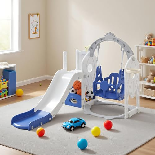 NAIZY 6-in-1 Kinderrutsche für Kleinkinder ab 1-3 Jahr Multifunktionales Spielset mit Schaukel Rutsche Outdoor aus HDPE&PP Werkzeugfreie Montage Freistehenderutsche Spielzeug bis 50kg