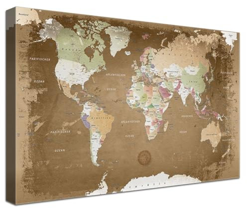 LANA KK - Luxus Pinnwand Weltkarte - Oldstyle - Deutsch - in 100 x 70 cm, stabile Rückwand zum Pinnen inkl. Starterkit - Leinwand-Kunstdruck Wandbild Landkarte XXL