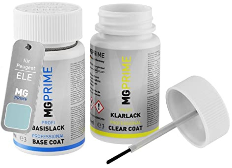 MG PRIME Autolack Lackstift für Peugeot ELE Red Purlple Metallic + Klarlack | Red Purple Violett, Set aus Basislack + Klarlack, Lackfläschchen mit Pinsel, je 50ml