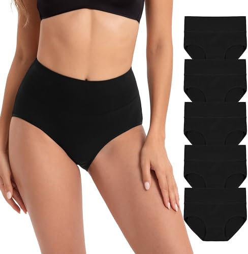 INNERSY Panties for Women Cotton Underwear Ladies Black Knickers High Waist Maxi Briefs 5 Pack (12, Black)