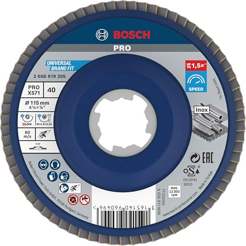 Bosch Professional 2608619205 Disco Lamellare Dritto, per Metallo, X-Lock, X571, Ø115 mm, Grana K40, Diametro Ø 22.23 mm