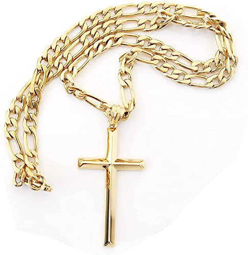 18K Gold Figaro Chain Style Cross Pendant Necklace 4MM Cross Necklace Clasp for MEN, HUSBAND Thin for Charms Miami Cuban Link Diamond Cut Religious Beveled Edge (20)