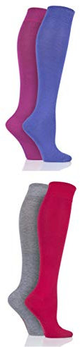 SockShop Ladies Bamboo Kneehigh Socks - Knee High Soft Breathable Cooling Socks with Smooth Toe Seams, Plain & Striped Many Colours 4 Pair Multipack Alpine Red/Neon Lights 4-8