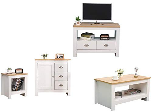 CF Furniture Living Room 4 Piece Set Lamp Table Coffee Table TV Stand Multi Storage CupboardModern Simple Practical White+Oak