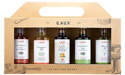 LAUX Essig & Öl Geschenkset für Frauen und Männer – 5x40ml Provence-Öl, Olivenöl, Essig & Crema di Balsamico – Feinkost Geschenkbox für Salate & Herzhaftes