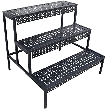 aboxoo 3 Tier Stair Style Large Metal Plant Stand, Garden Display Shelf Flower Pot Holder Storage Organizer Rack for Indoor Home Outdoor Patio Balcony Yard(Black, Rectangle)