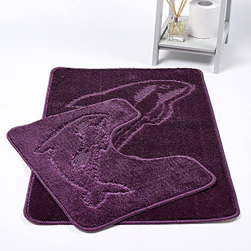 HOMES-LINEN Dolphin Bath Mats Non Slip Bathroom Mats 2 Piece Pedestal and Bath Mat Set Toilet Bathroom Rug (Plum)