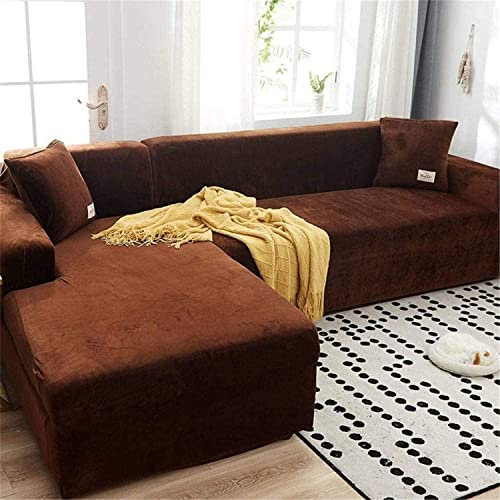 XDKS Samt-Plüsch Sektions Sofabezug, rutschfeste Stretch Sofabezug Couchbezug Ultra Weicher Sofaschutz Für L-förmige Schnittcouch (4 Sitzer (230-300cm),Kaffee)