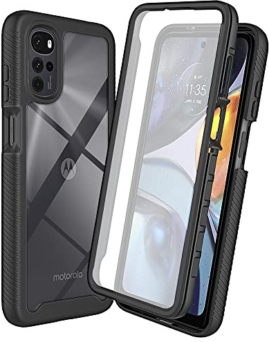 RonRun Kompatibel mit Motorola Moto G22 Hülle, 360° Grad vollschutz Stoßfest Handyhülle Transparent Hülle Silikon Bumper Cover mit eingebautem Displayschutz Schwarz