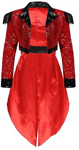 iEFiEL Damen Zirkus Kostüm Vintage Mantel Showman Frack Jacke Ringmaster Blazer Samt Smoking Halloween Karneval Faschingskostüm Uniform W Rot Pailletten 3XL