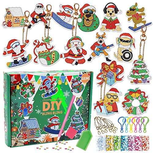 Vecibel 15 Stück Diamond Painting Weihnachten Anhänger 5D Weihnachtsmann Kinder Wichtel Kit DIY Doppelseitige Schlüsselanhänger für Geschenkidee, SDZSH22101911, 20.2 * 15.8 * 4cm