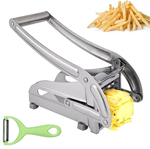 Potato Chipper, Chip Cutter with Potato Peeler, Stainless Steel Potatoes Chips French Fries Cutter with 2 Slicer Blades, Professional Potatoes Chipper for Carrots Vegetables Fruits