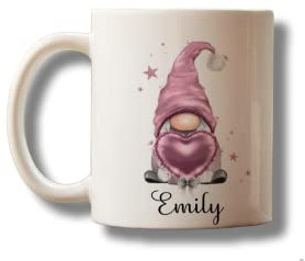 Personalised Mug with Gnome Gonk and your name perfect Valentine birthday Christmas present gift pink grey