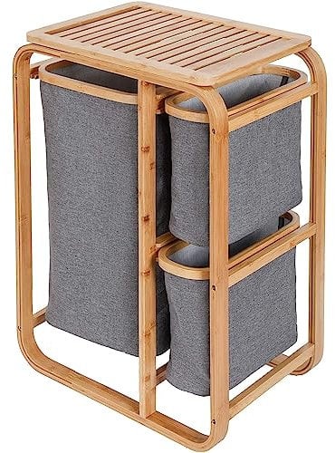 AD.CON Bambus-Wäschekorb XL, Badezimmer Regal, Bambus Wäscheregal, Wäschesack, Badregal, Wäschesortierer Grau