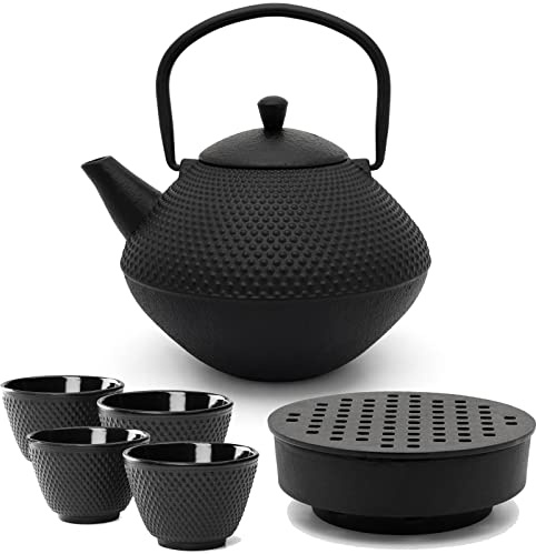 Bredemeijer Asia Gusseisen Teekanne Set 1.0 Liter mit Edelstahl Tee-Filter Sieb-Einsatz - Teewärmer & 4 Becher (Tassen) - 6-teiliges Teeset für losen Tee