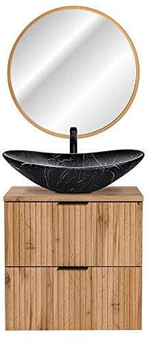 Lomadox Badmöbel Gäste WC Bad Set, 60 cm Waschtisch-Unterschrank Wotaneiche Rillenoptik mit Keramik Waschbecken, 80 cm LED-Spiegel Gold gebürstet