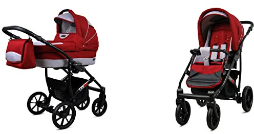 BabyLux Largo 2-in-1 Baby Kinderwagen Tief und Kinderwagen mit Zubehör Verstellbar und faltbar Aluminiumkonstruktion Wasserdicht Nicht abnehmbare Räder Chili Silver Black Frame