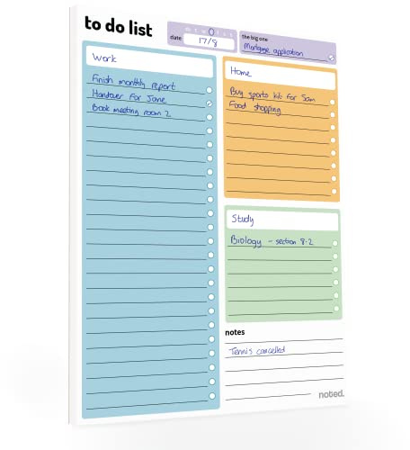 Noted A5 To Do List Pad - 3 Sections for Work, Home & Study, Undated Desk | A5 to do list pad - 3 sections for work, home & study, plus the big one task box & notes - 52 sheets, 100gsm